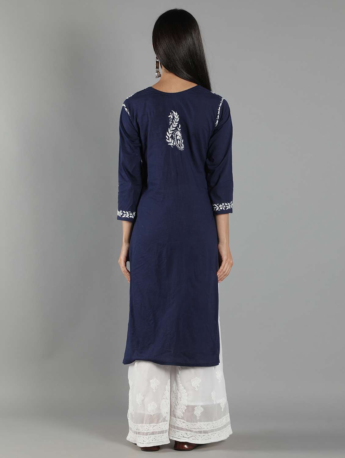 navy blue chikankari embroidered straight kurta - 18616425 - Standard Image - 2