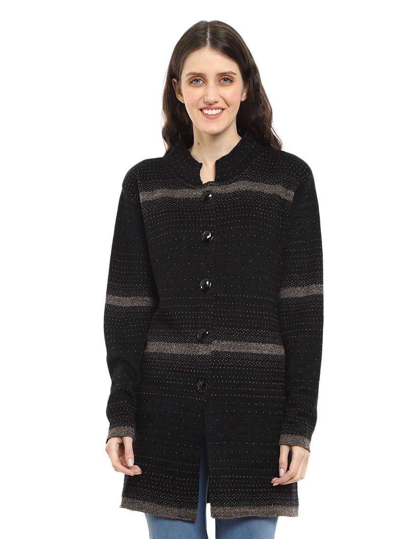 mandarin neck self design cardigan
