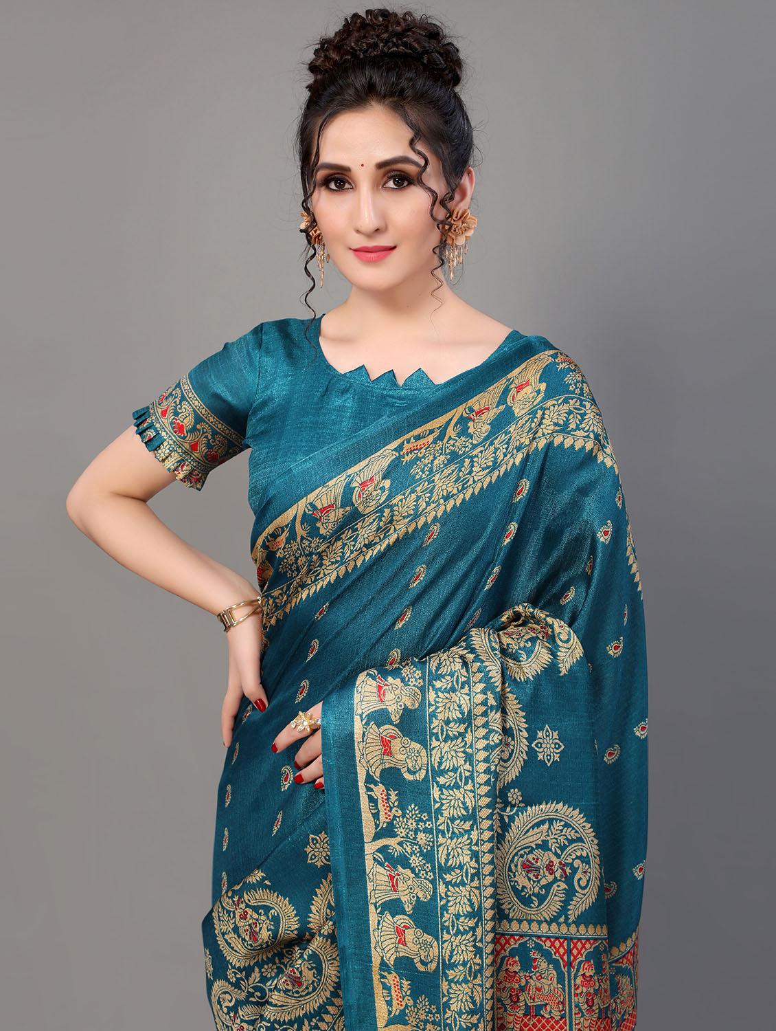 turquoise silk blend mysore saree with blouse - 18627145 - Standard Image - 2