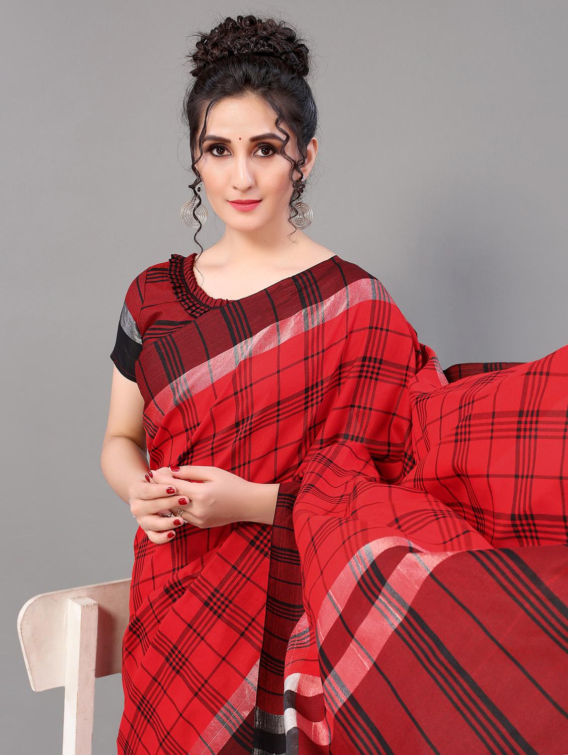 checkered handloom saree with blouse - 18627195 - Standard Image - 2