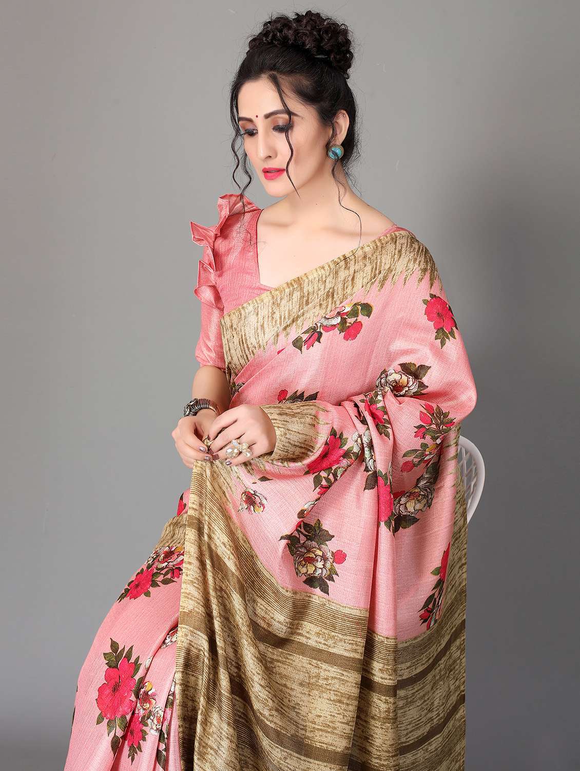 women's floral coral colored saree with blouse - 18627234 -  Standard Image - 2