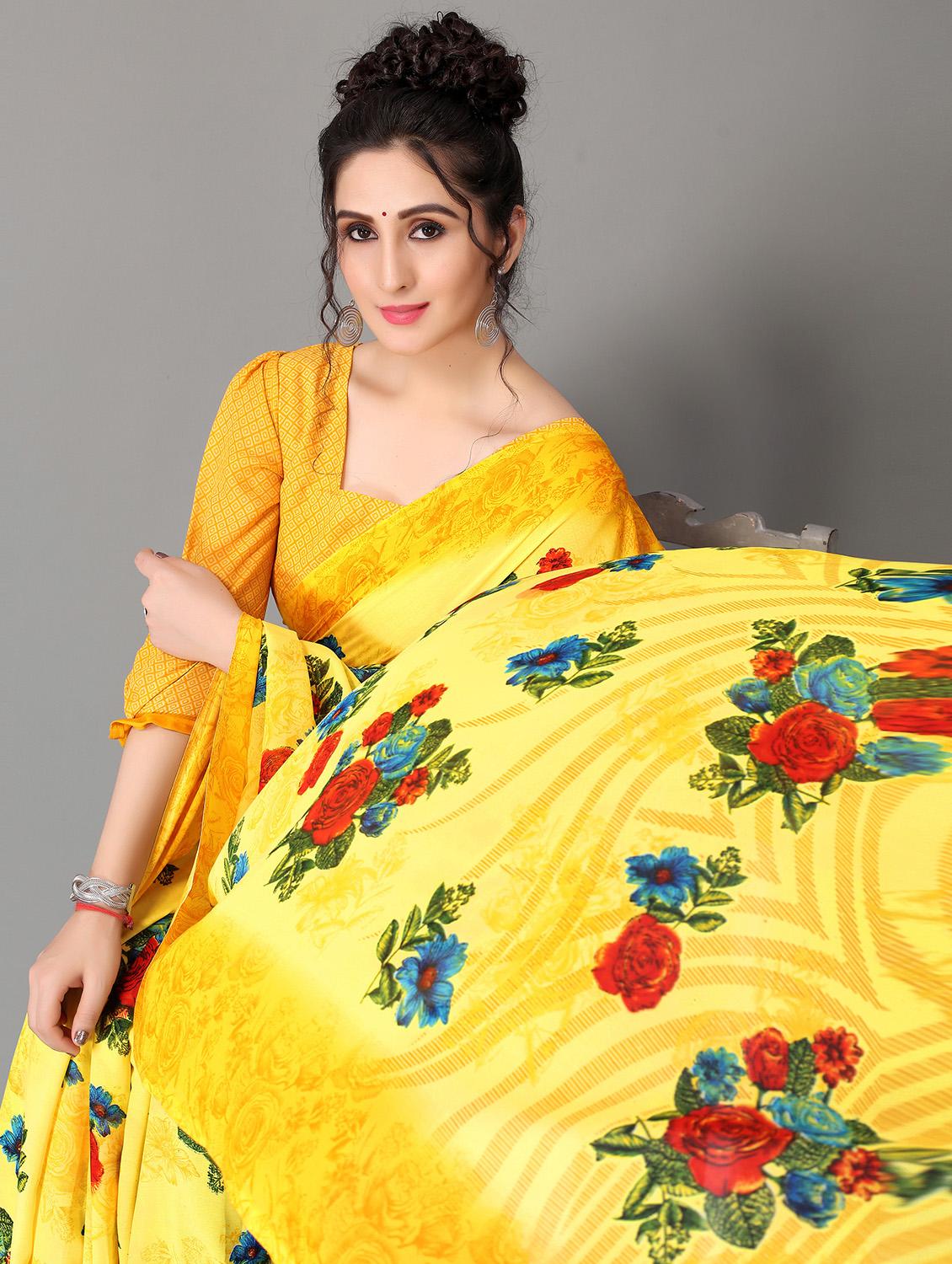 yellow georgette printed saree with blouse - 18627251 - Standard Image - 2