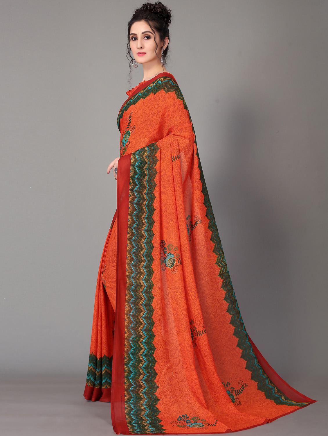 orange printed saree with blouse piece - 18627286 - Standard Image - 2