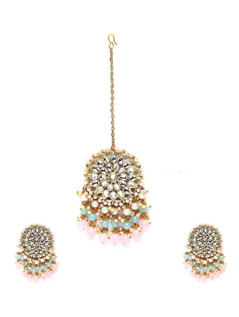pink metal earring with maang tikka set - 18632942 - Zoom Image - 0