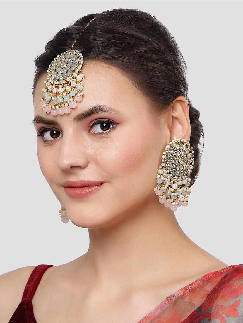 pink metal earring with maang tikka set - 18632942 - Standard Image - 2