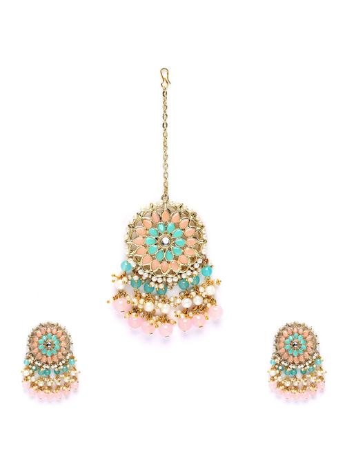 pink metal earring with maang tikka set - 18632943 - Standard Image - 0