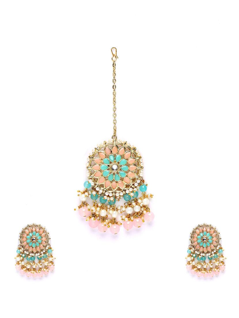 pink metal earring with maang tikka set - 18632943 - Zoom Image - 0