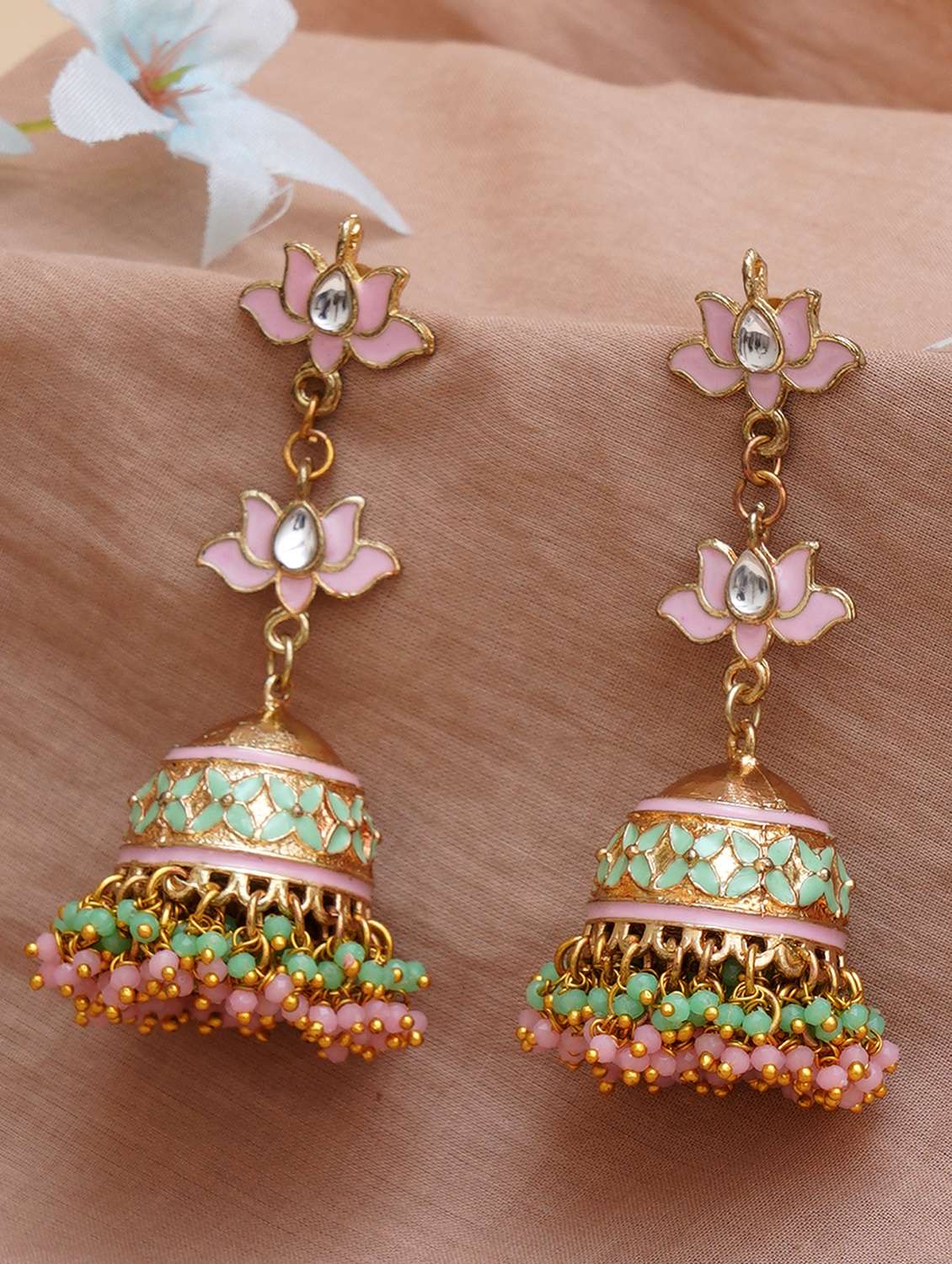 gold plated pink and light green crystal kundan jhumki earrings for women