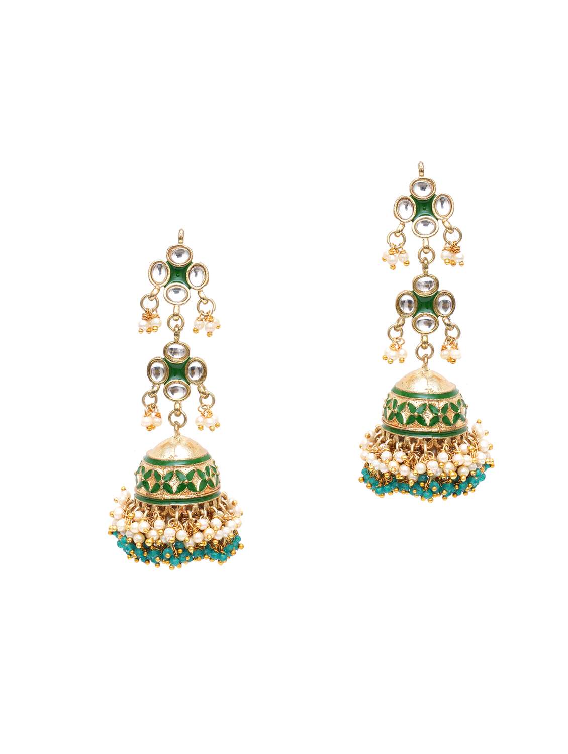 Gold Plated Green Meena Handcrafted Kundan Jhumka Earrings