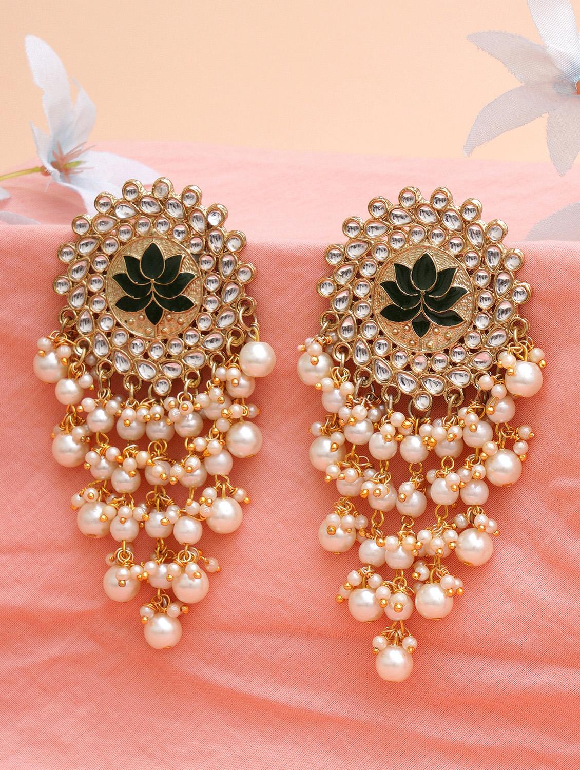 gold plated green meena pearl beads kundan dangler earrings  - 18633240 -  Zoom Image - 0