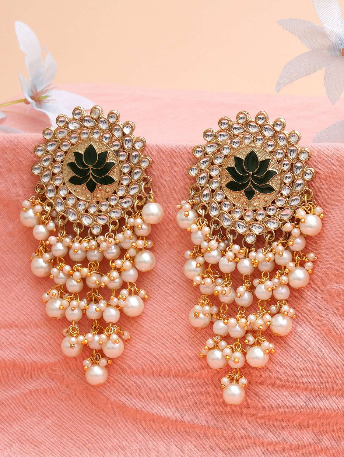 Gold Plated Green Meena Pearl Beads Kundan Dangler Earrings 