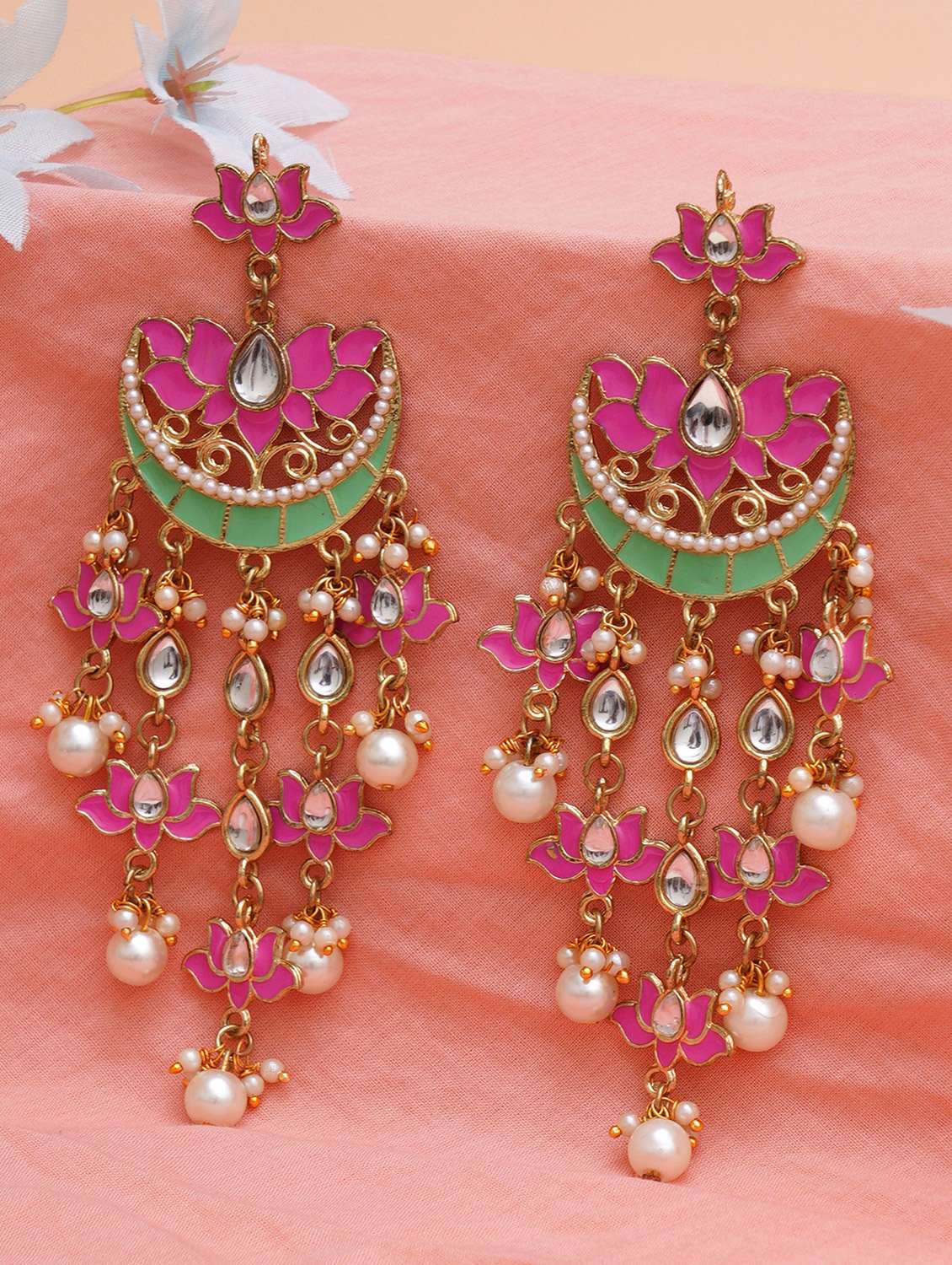 women pink & gold-toned classic chandbalis earrings