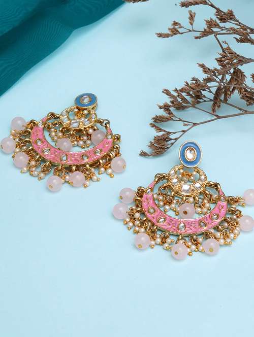 gold plated pink and blue meena kundan chandbali  - 18633247 -  Standard Image - 0