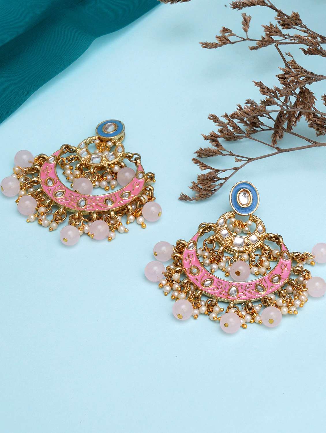 gold plated pink and blue meena kundan chandbali 