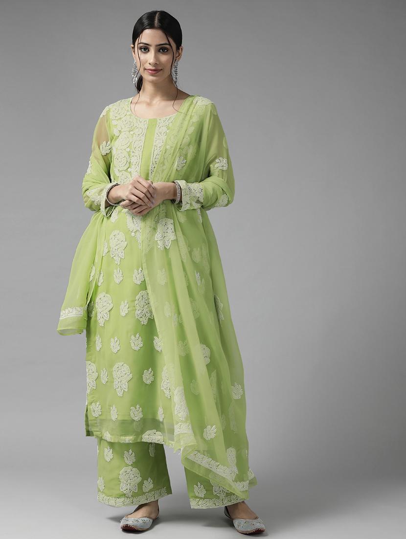 ada hand-embroidered green chikankari unstitched suit set