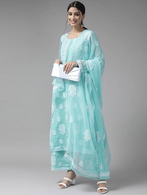 ada hand-embroidered light blue chikankari unstitched suit set - 18633684 -  Standard Image - 0