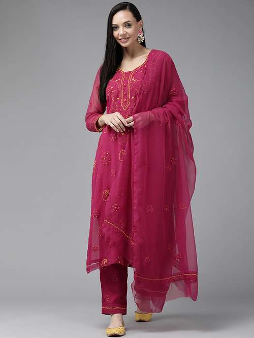 ada hand-embroidered magenta chikankari unstitched suit set - 18633686 -  Standard Image - 0
