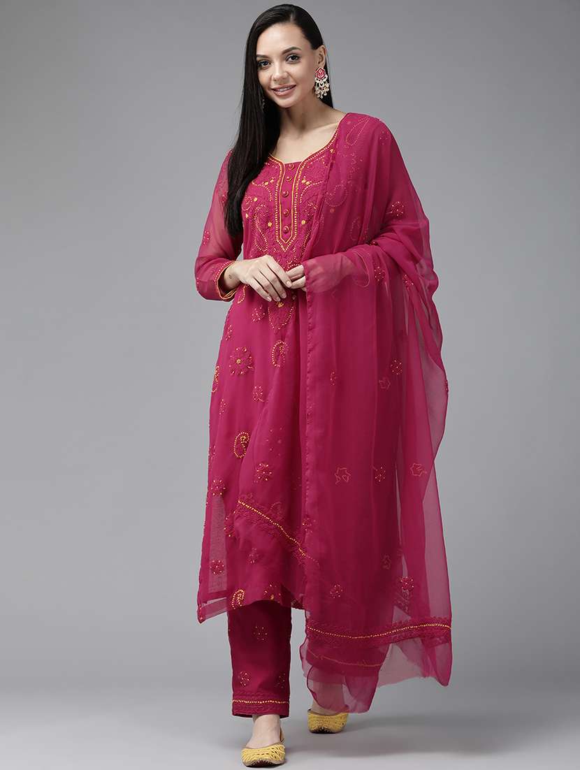 ada hand-embroidered magenta chikankari unstitched suit set