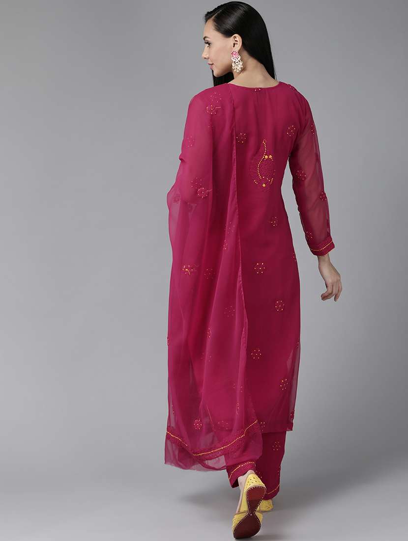 ada hand-embroidered magenta chikankari unstitched suit set - 18633686 - Standard Image - 2