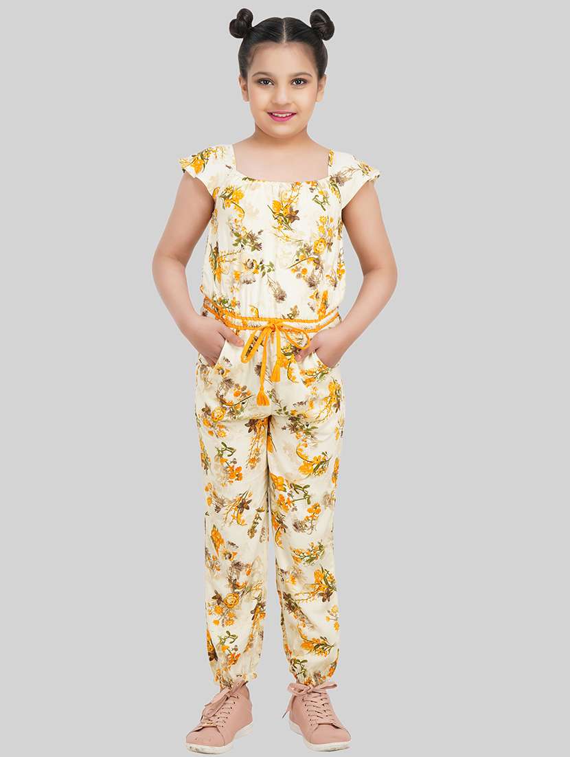 girls square neck floral full length jumpsuit