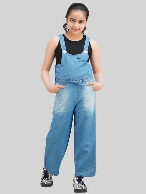 girls round neck solid denim dungarees - 18633780 -  Standard Image - 0