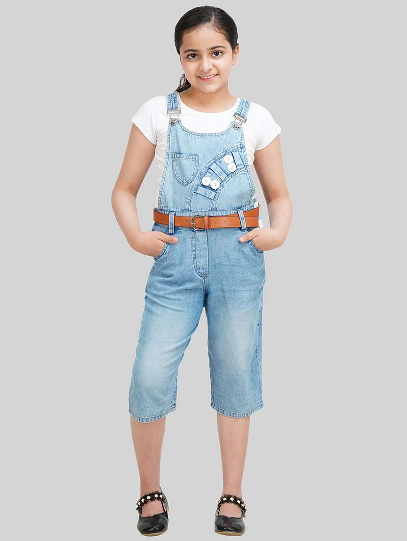 girls round neck solid denim dungarees 