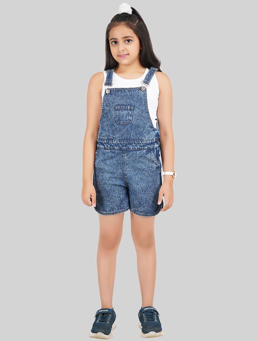 girls square neck solid denim dungarees 