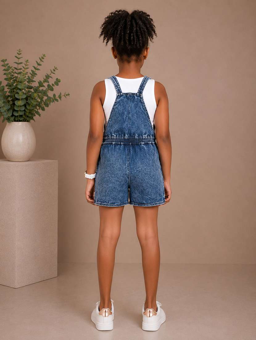 girls square neck solid denim dungarees  - 18633791 -  Standard Image - 2