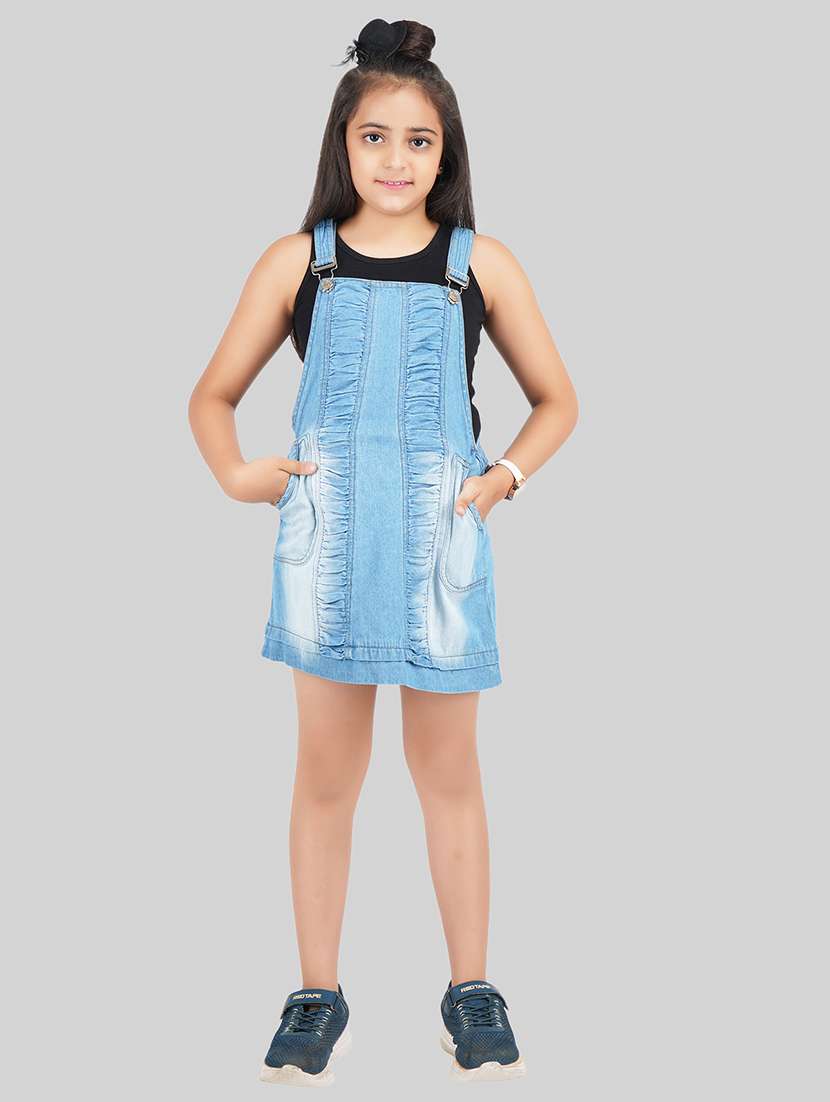 girls round neck solid denim dungarees 