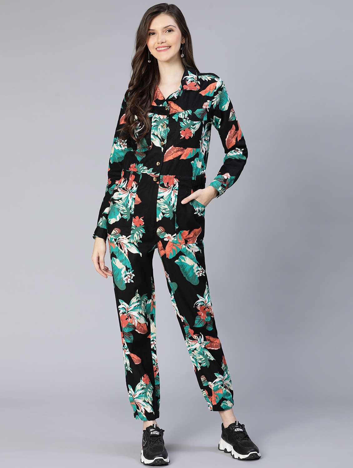 lapel neck floral full leg jumpsuit - 18634457 -  Standard Image - 2