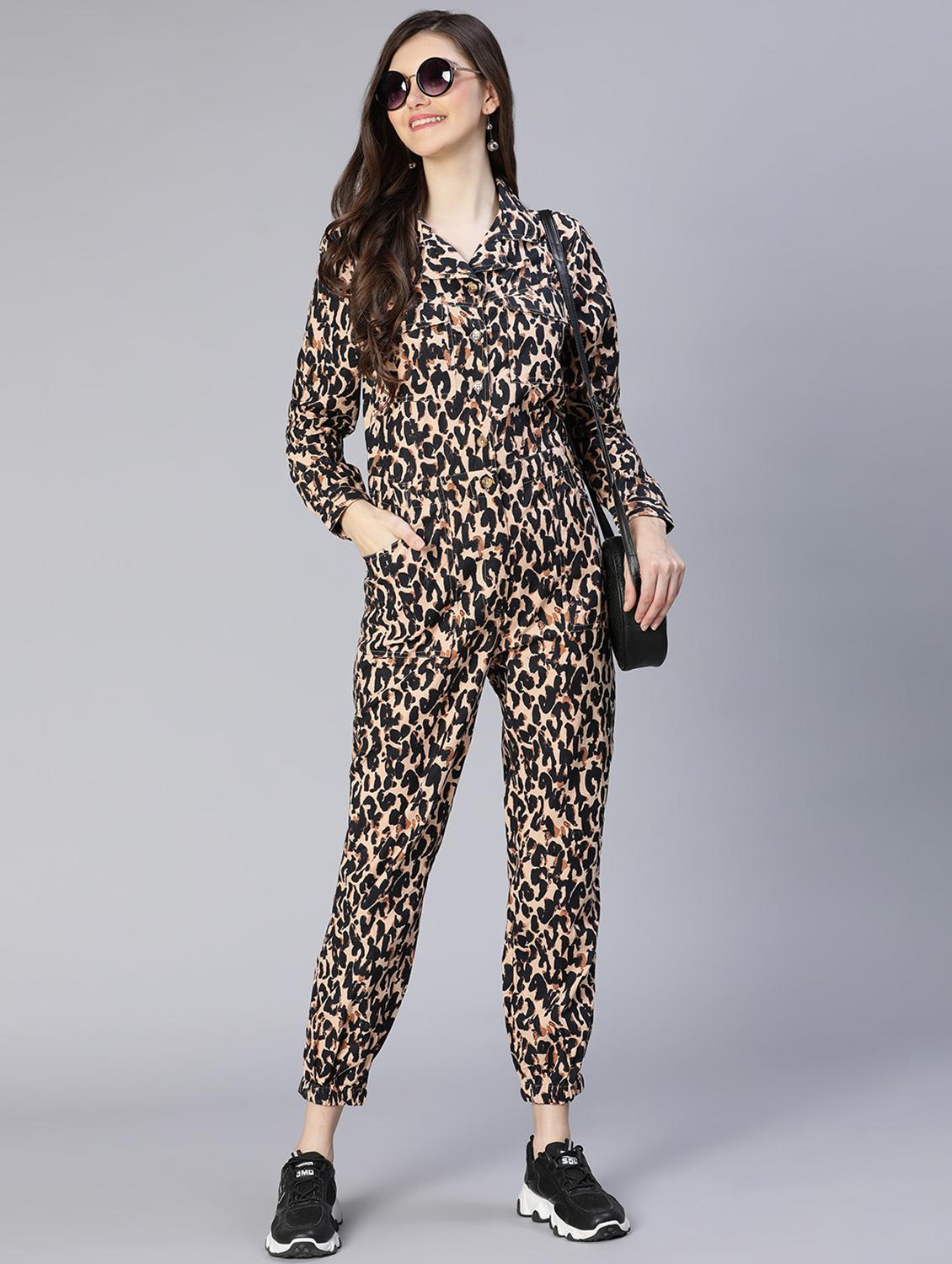 lapel neck printed full leg jumpsuit - 18634458 - Zoom Image - 0