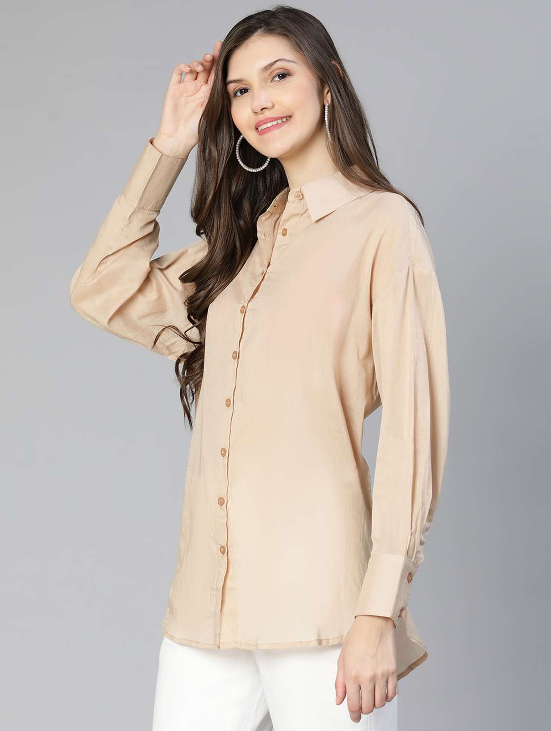 beige solid regular shirt - 18634641 -  Standard Image - 2