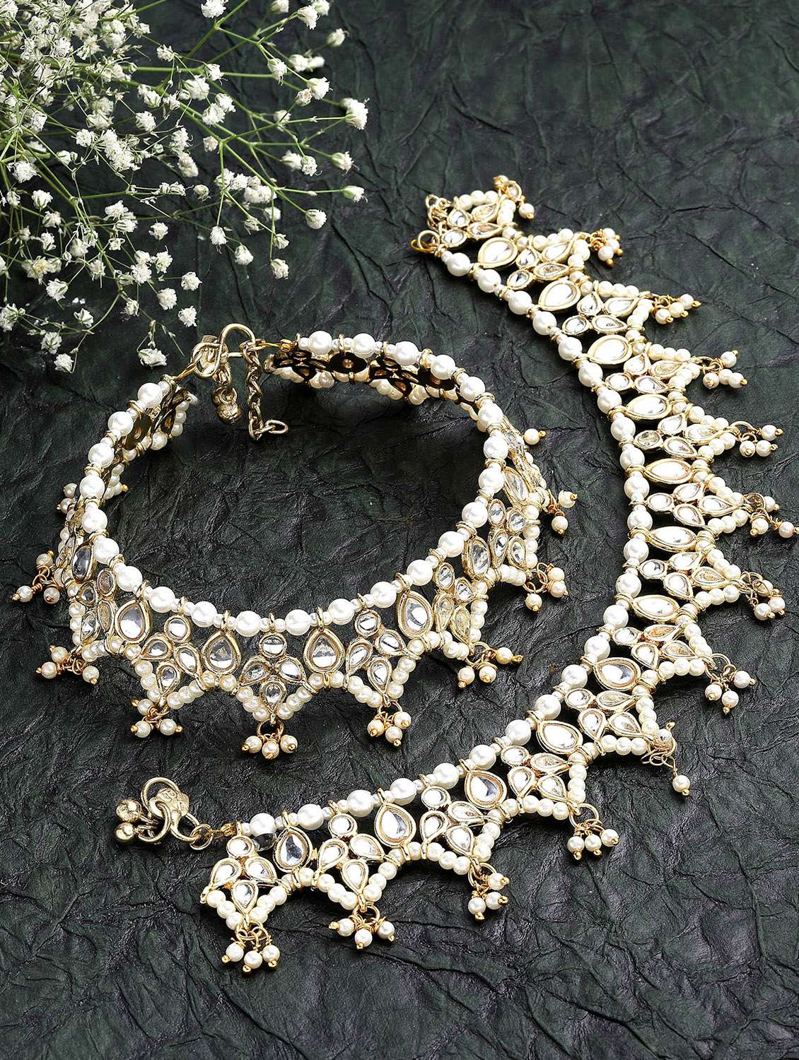 gold plated drop kundan anklet for women
