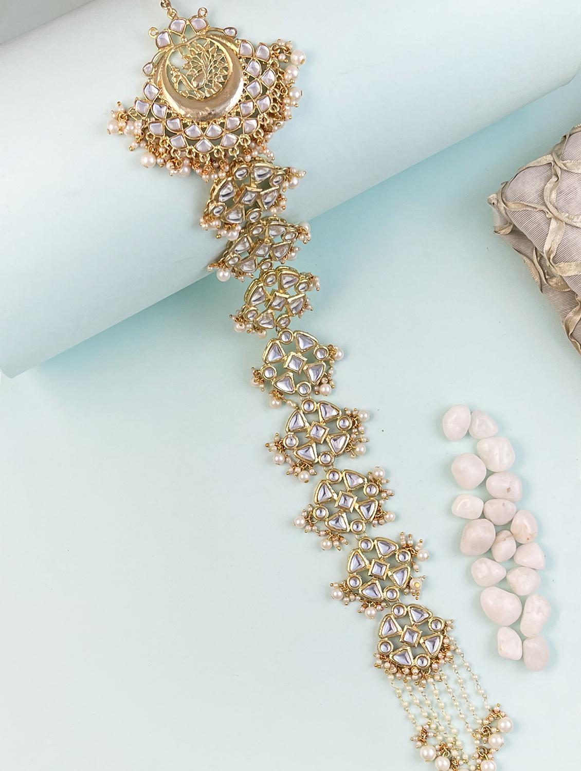 karatcart gold plated peacock design pearl and kundan studded bridal wedding hair braid choti - 18635735 - Zoom Image - 0