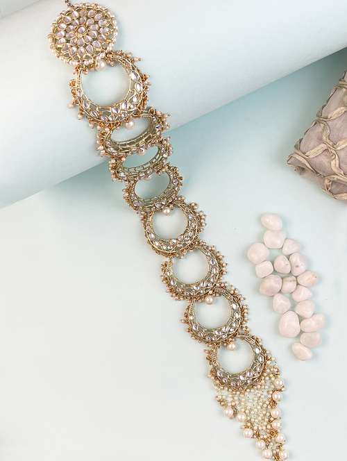 karatcart gold plated moon shape pearl and kundan studded bridal wedding hair braid choti - 18635736 -  Standard Image - 0