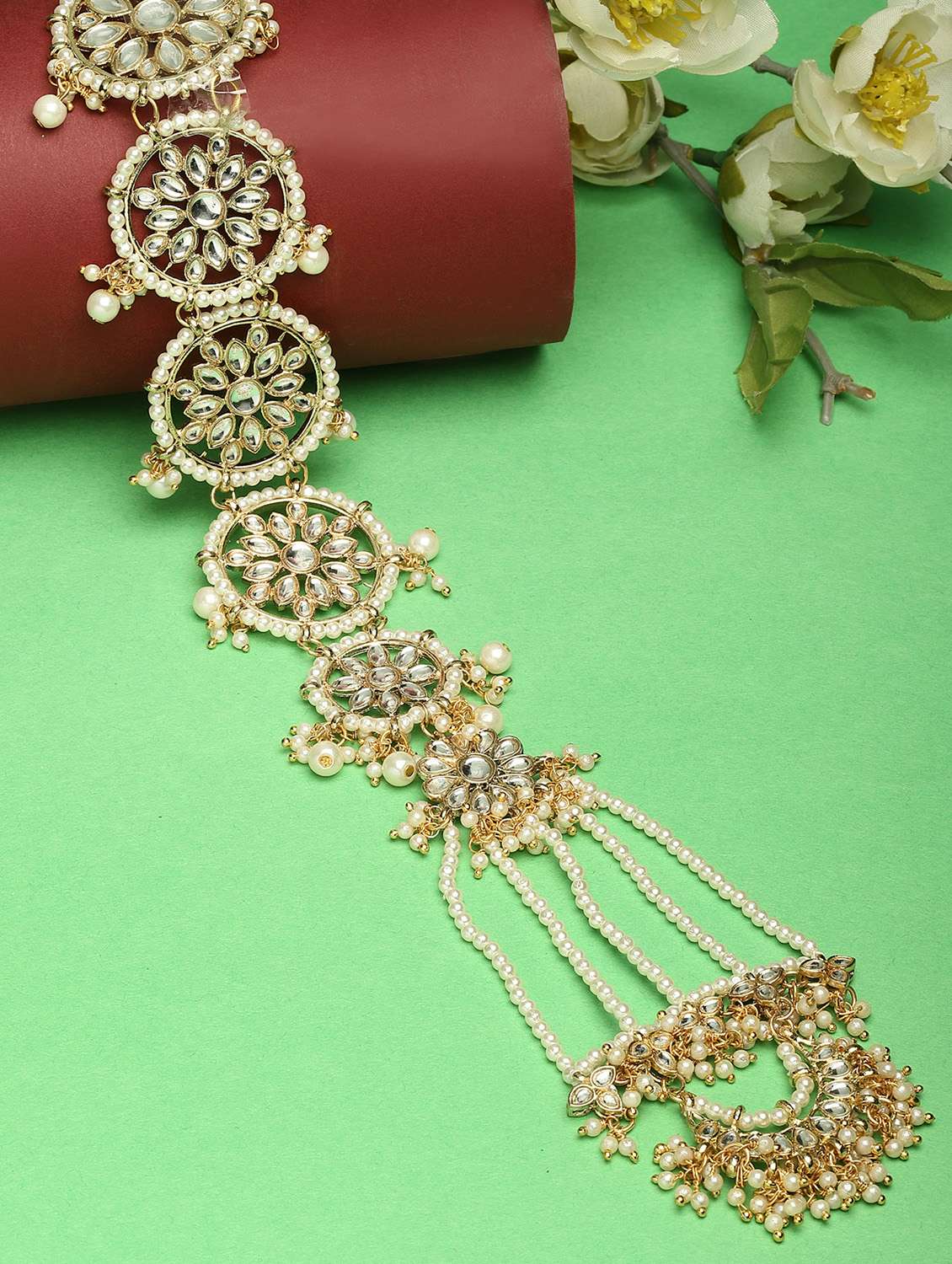 karatcart gold plated floral white kundan bridal wedding hair braid choti