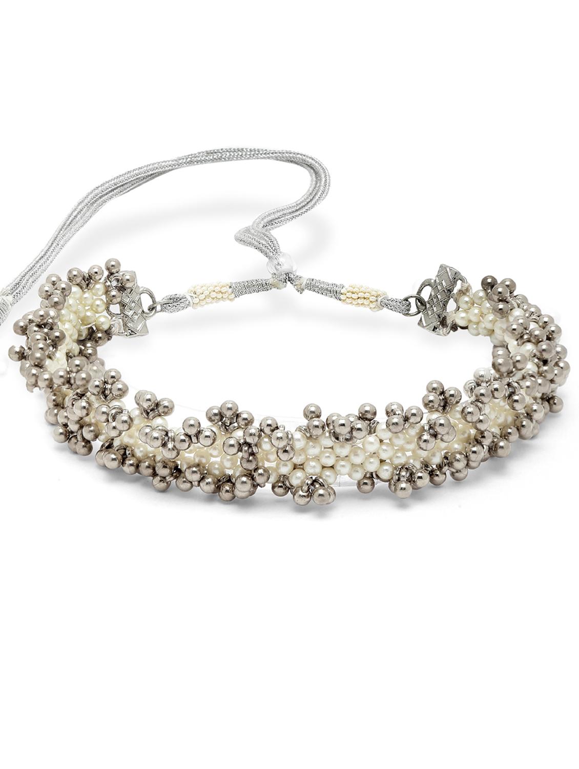 karatcart white pearl and silver boll studded choker necklace set - 18635785 - Standard Image - 2