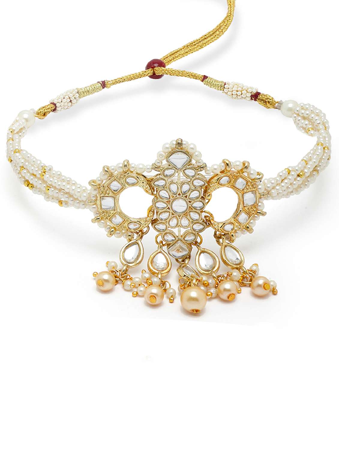 gold plated handcrafted golden pearl and kundan necklace, earring and maang tikka set  - 18635791 -  Standard Image - 2