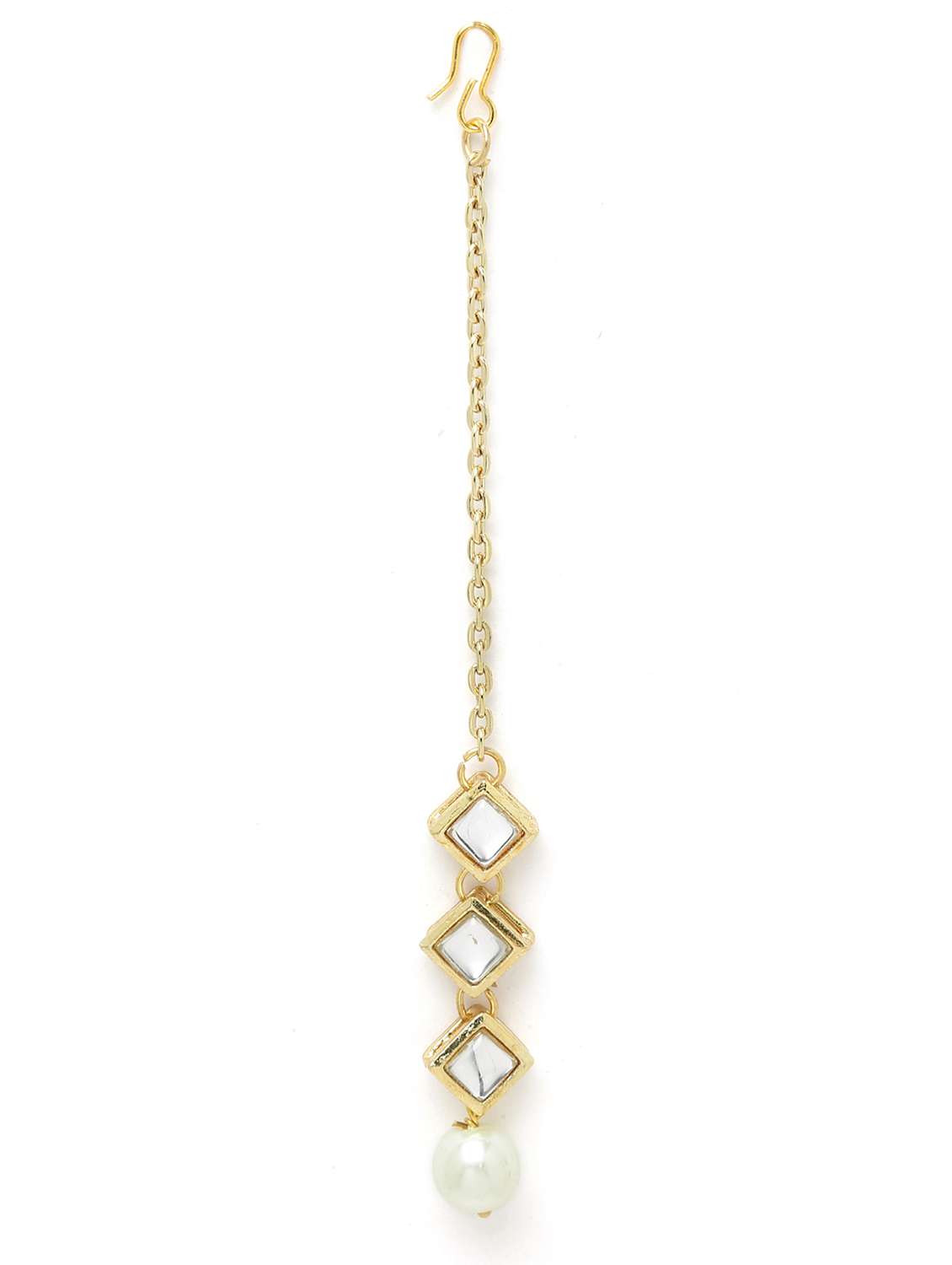 karatcart gold plated pearl chain kundan necklace earrings and maang tikka set - 18635792 - Standard Image - 2
