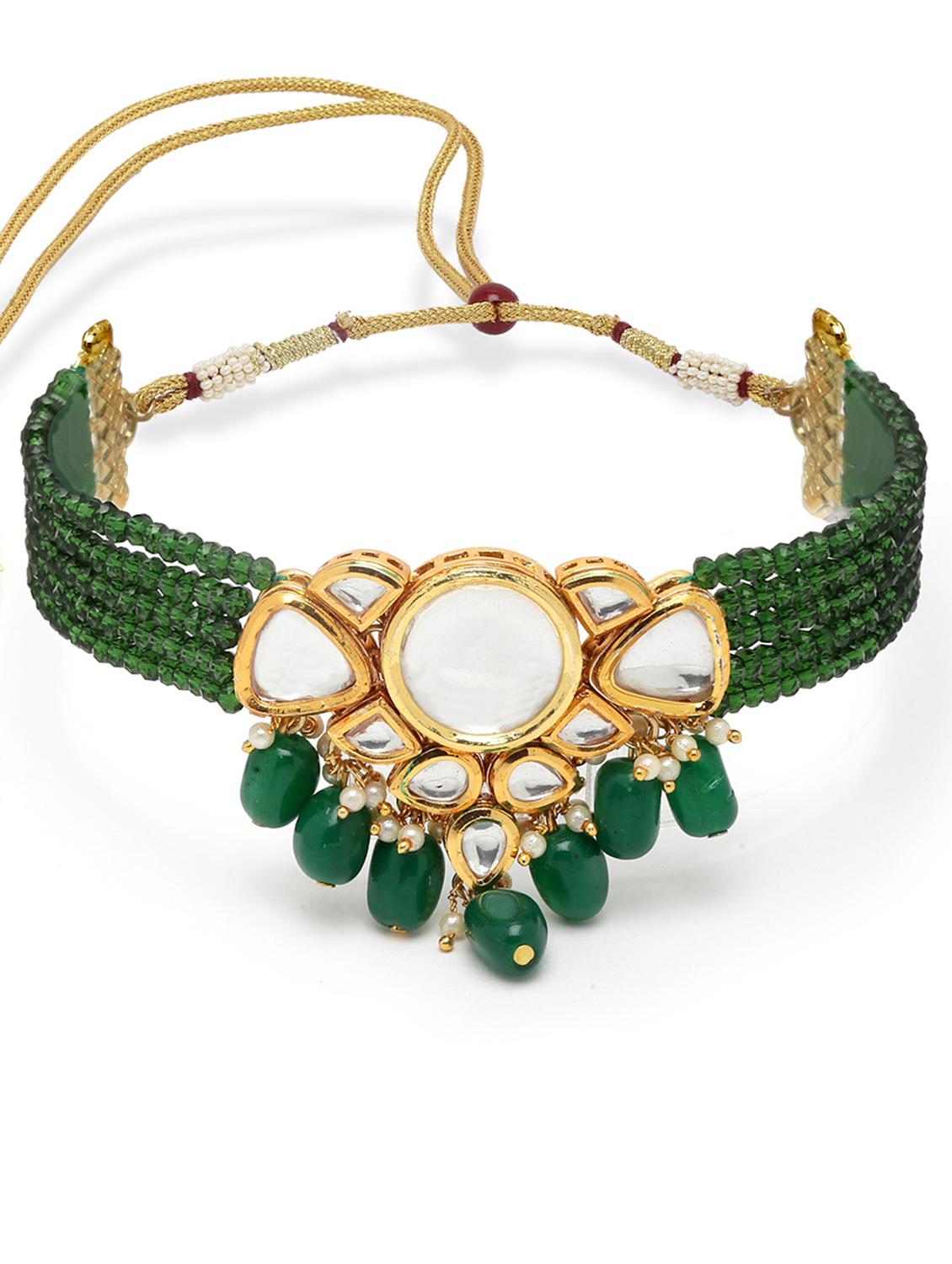 karatcart green gold plated crystal and polki kundan necklace earring and maang tikka set - 18635793 - Standard Image - 2