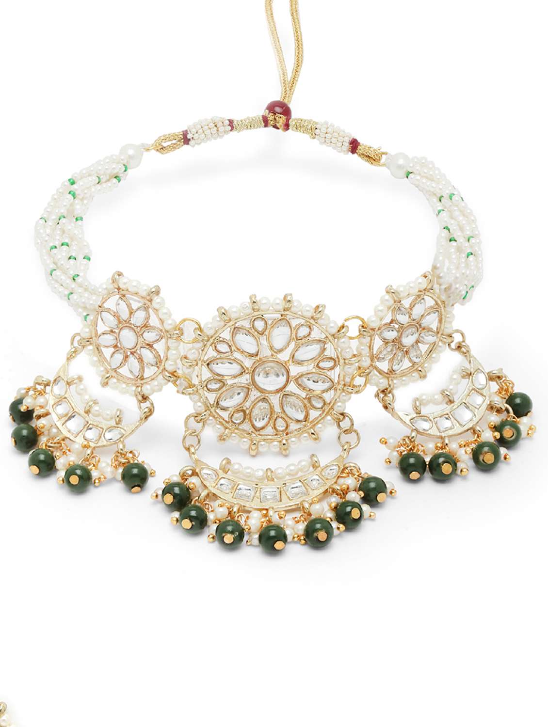 green beads studded gold plated kundan necklace, earring and maang tikka set  - 18635794 -  Standard Image - 2