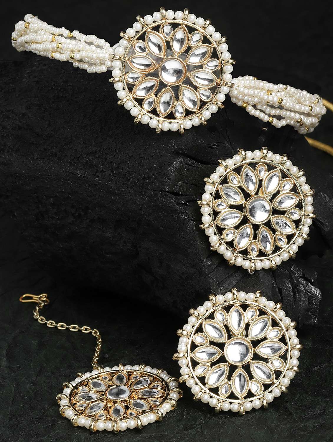 pearl beaded gold plated kundan earring and maang tikka set 