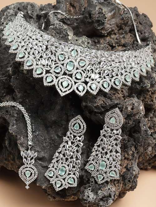 karatcart silver tone lime green american diamond choker necklace set - 18635804 - Standard Image - 0