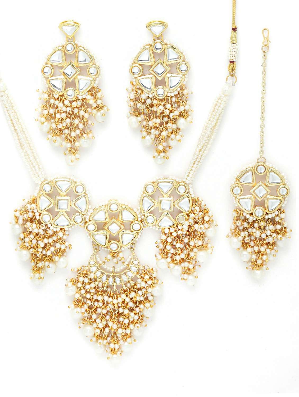 gold plated handcrafted pearl floral kundan necklace earring and maang tikka set  - 18635836 -  Standard Image - 2