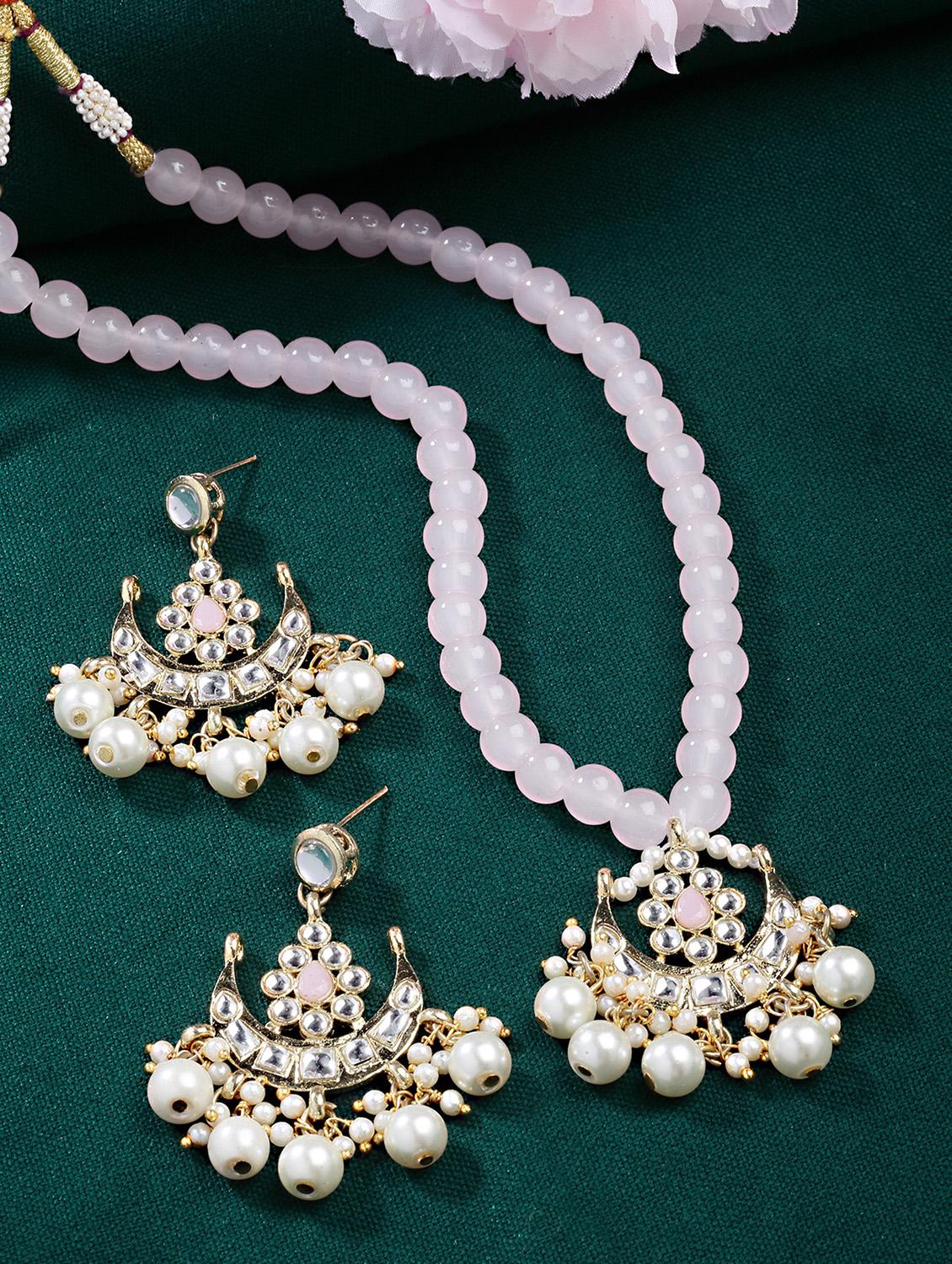karatcart gold plated pearl and light pink beads studded kundan necklace set - 18635857 - Zoom Image - 0