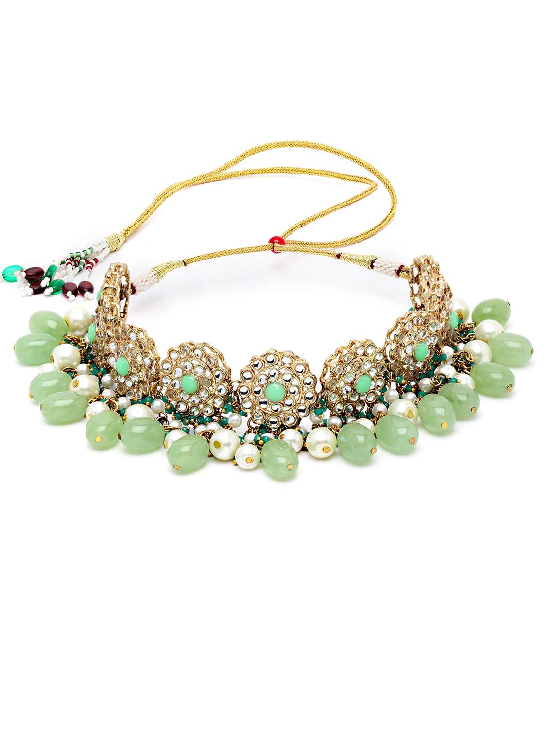 karatcart gold plated light green tumble and pearl studded kundan choker necklace set  - 18635861 -  Standard Image - 2