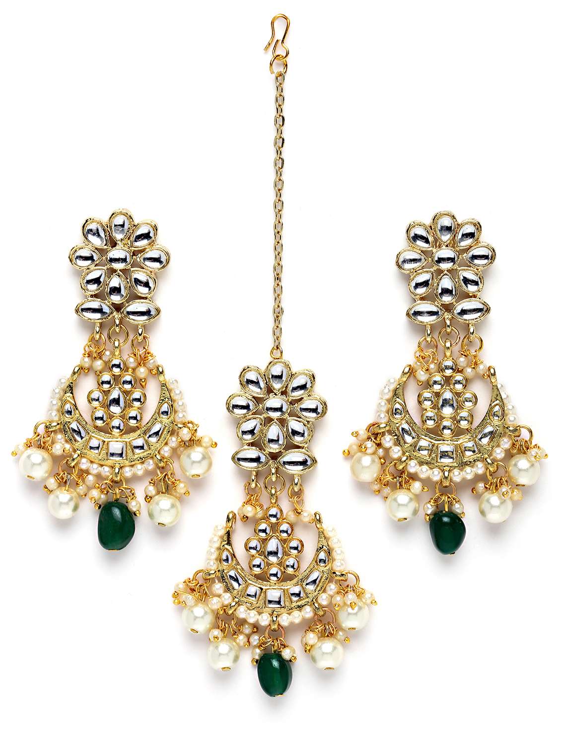 gold plated green beads multilayered kundan necklace earrings and maang tikka set - 18635867 - Standard Image - 2