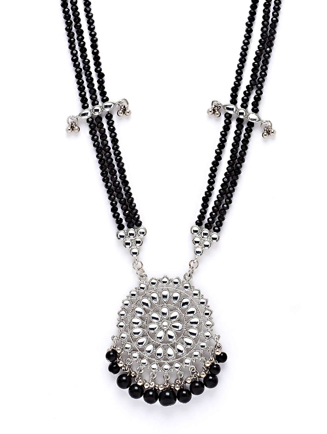 karatcart silver plated black beads and crystal studded kundan rani-haar necklace set - 18635874 -  Standard Image - 2