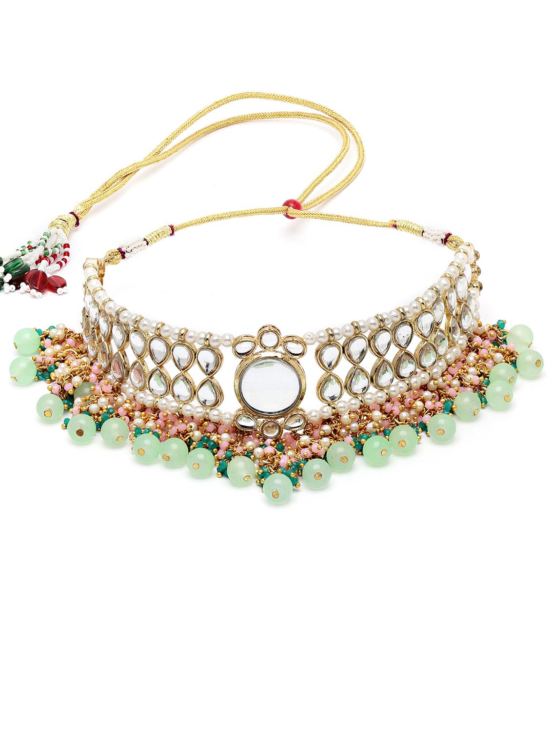 karatcart gold plated green beads and pink crystal studded kundan choker necklace set - 18635878 - Standard Image - 2