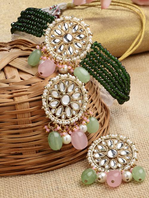 karatcart gold plated green and pink kundan choker necklace set - 18635880 - Standard Image - 0